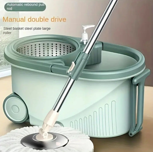 A set of cleaning tools, including a rotating mop, a water bucket, and 2 replaceable mop cloths