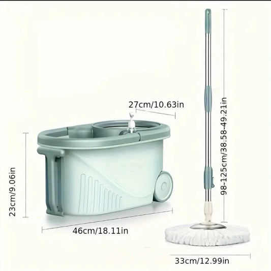 A set of cleaning tools, including a rotating mop, a water bucket, and 2 replaceable mop cloths